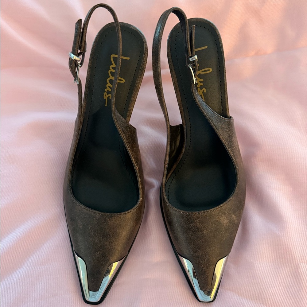 Lulu's Dark Brown Slingback Heels with Metallic Tips